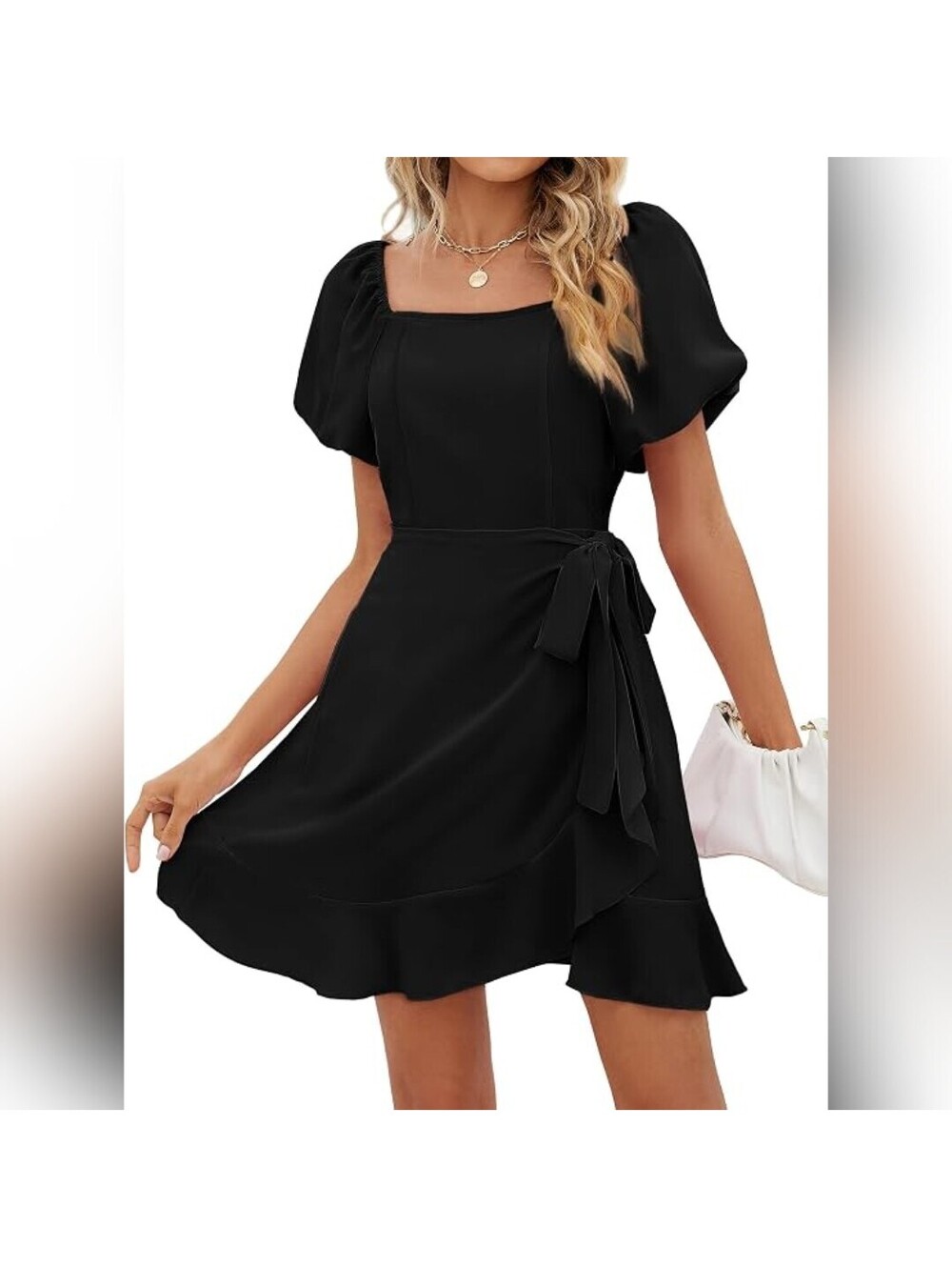 NWOT Sampeel Women’s Black Puff Sleeve Square Neck Wrap Mini Dress, XS